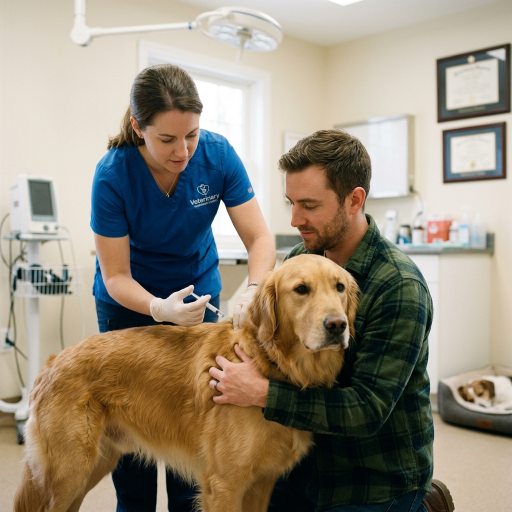 Veterinarian giving a vaccination shot to a golden retriever dog held by its owner
