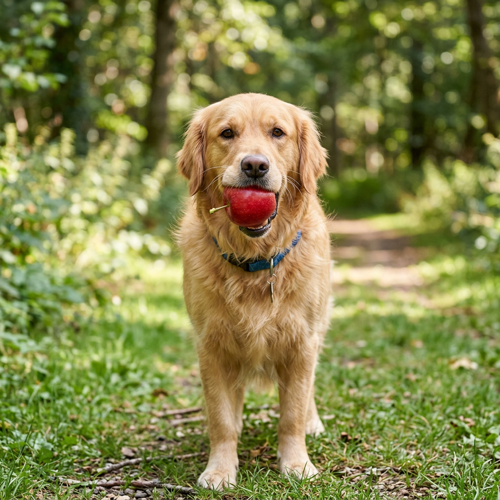Golden retriever dog holding a red apple in its mouth outdoors on a grassy path