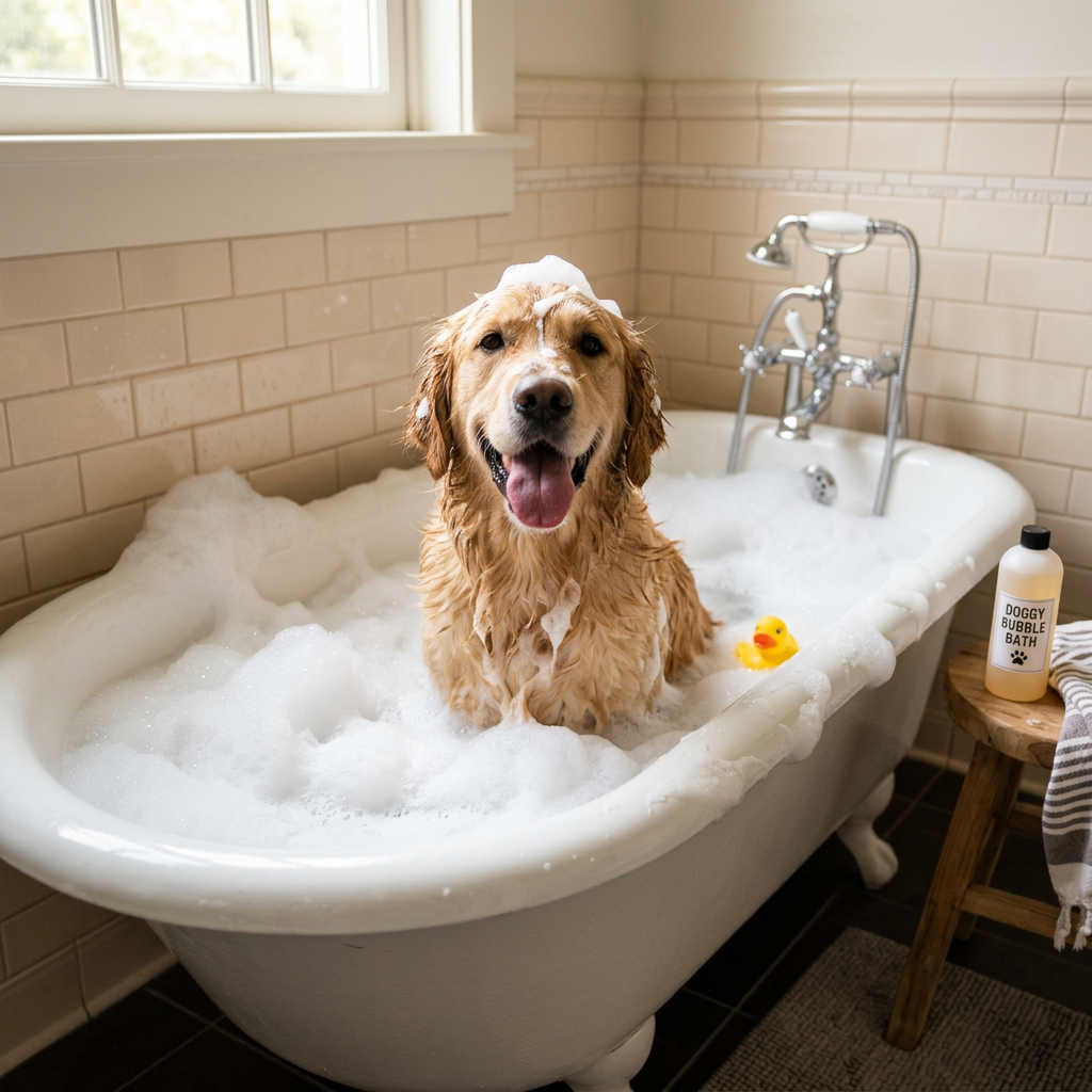 Golden retriever sitting in clawfoot bathtub full of bubbles with rubber duck and bottle labeled Doggy Bubble Bath