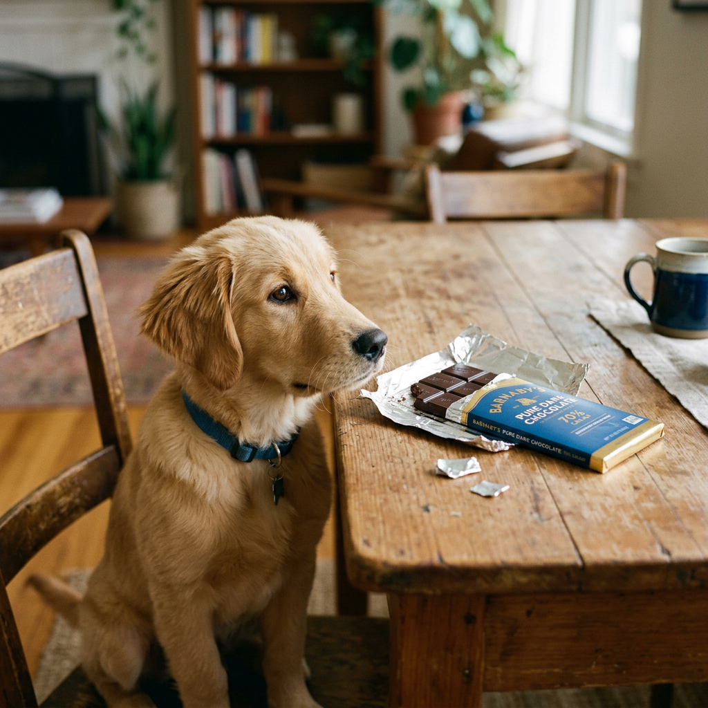 Golden retriever puppy sitting at a wooden table looking at an open chocolate bar wrapped in foil.