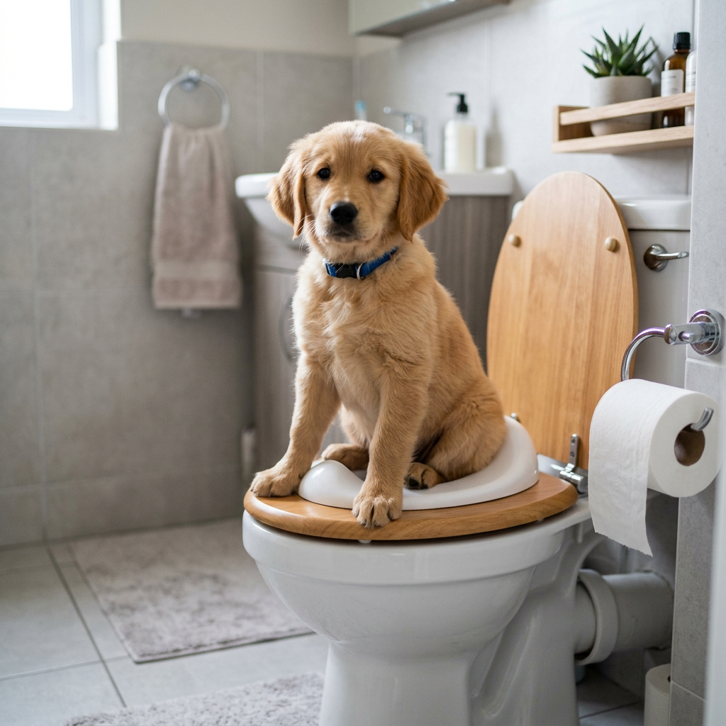 Golden retriever puppy sitting on potty training seat on toilet